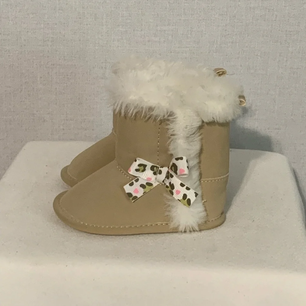 Infant Shoes Sz 3 Suede Boots Faux Fur Bows Hook & Loop Closure 2 Pair Soft Sole